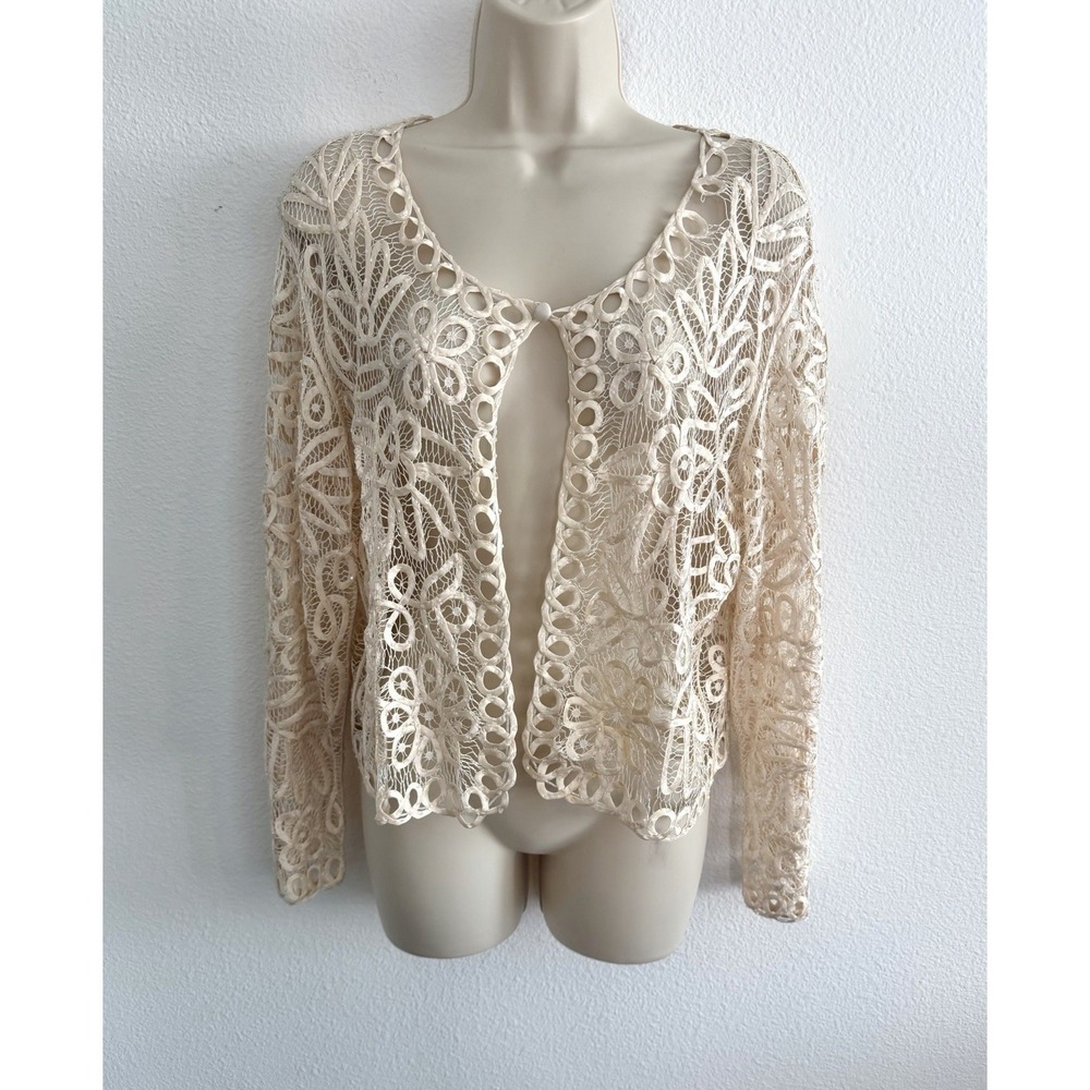 ETHOS Vintage 100% Silk Hand Crocheted Beaded Cardigan Top XL Ivory Bridal